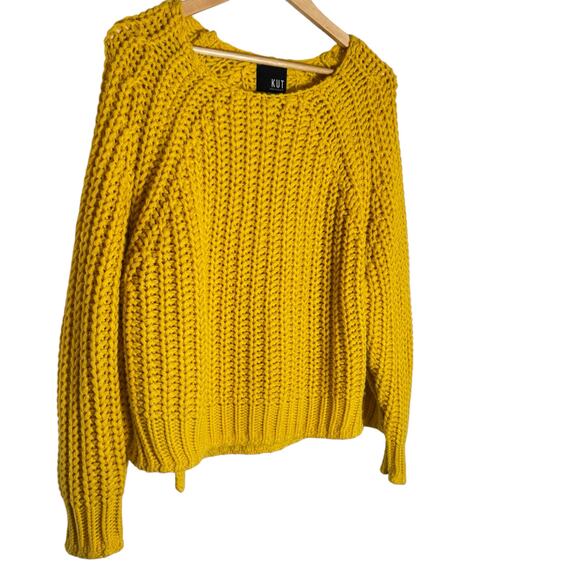 KUT from the Kloth Women’s Neon Yellow Crocheted Sweater 90s Boho Style Large - Picture 2 of 8
